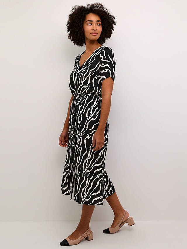 KAFFE Tara V-Neck Short Sleeve Midi Dress, Zebra Black