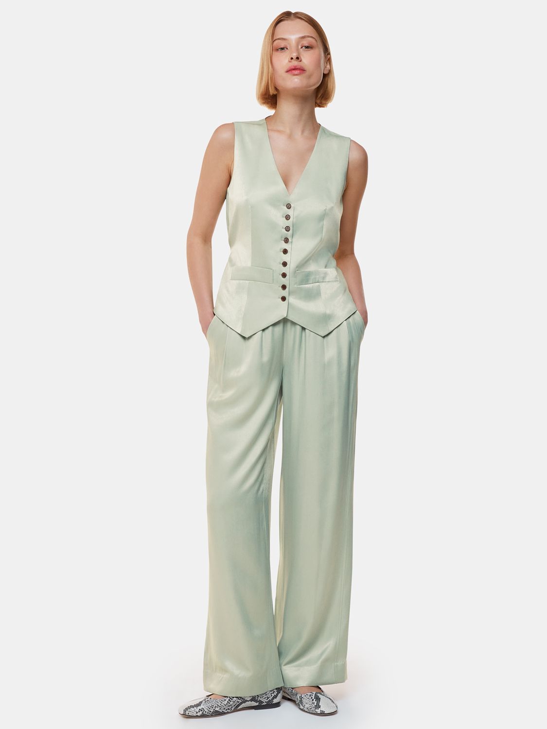 Buy Whistles Rita Luxe Wide Leg Sateen Trousers, Sage Green Online at johnlewis.com
