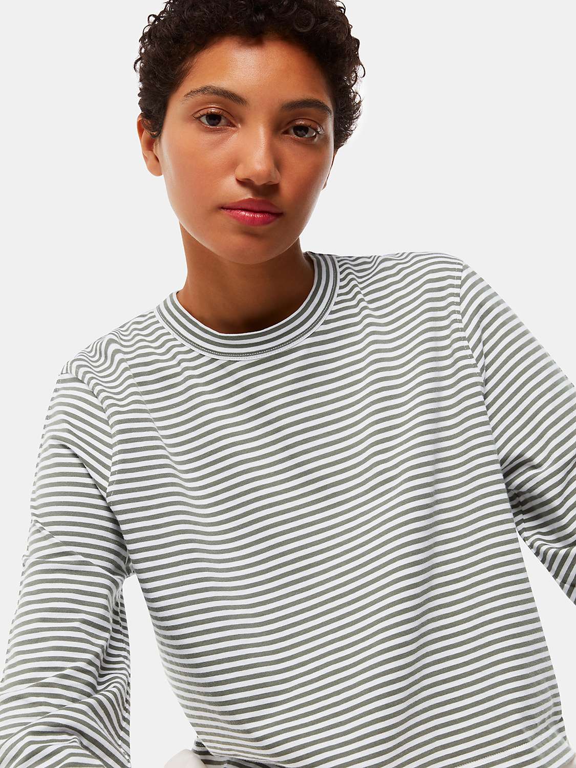 Buy Whistles Long Sleeve Stripe Cropped T-Shirt, Khaki/White Online at johnlewis.com