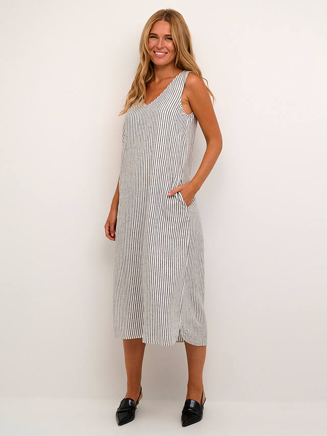 KAFFE Milia Stripe Linen Blend Sleeveless Midi Dress, Chalk/Black