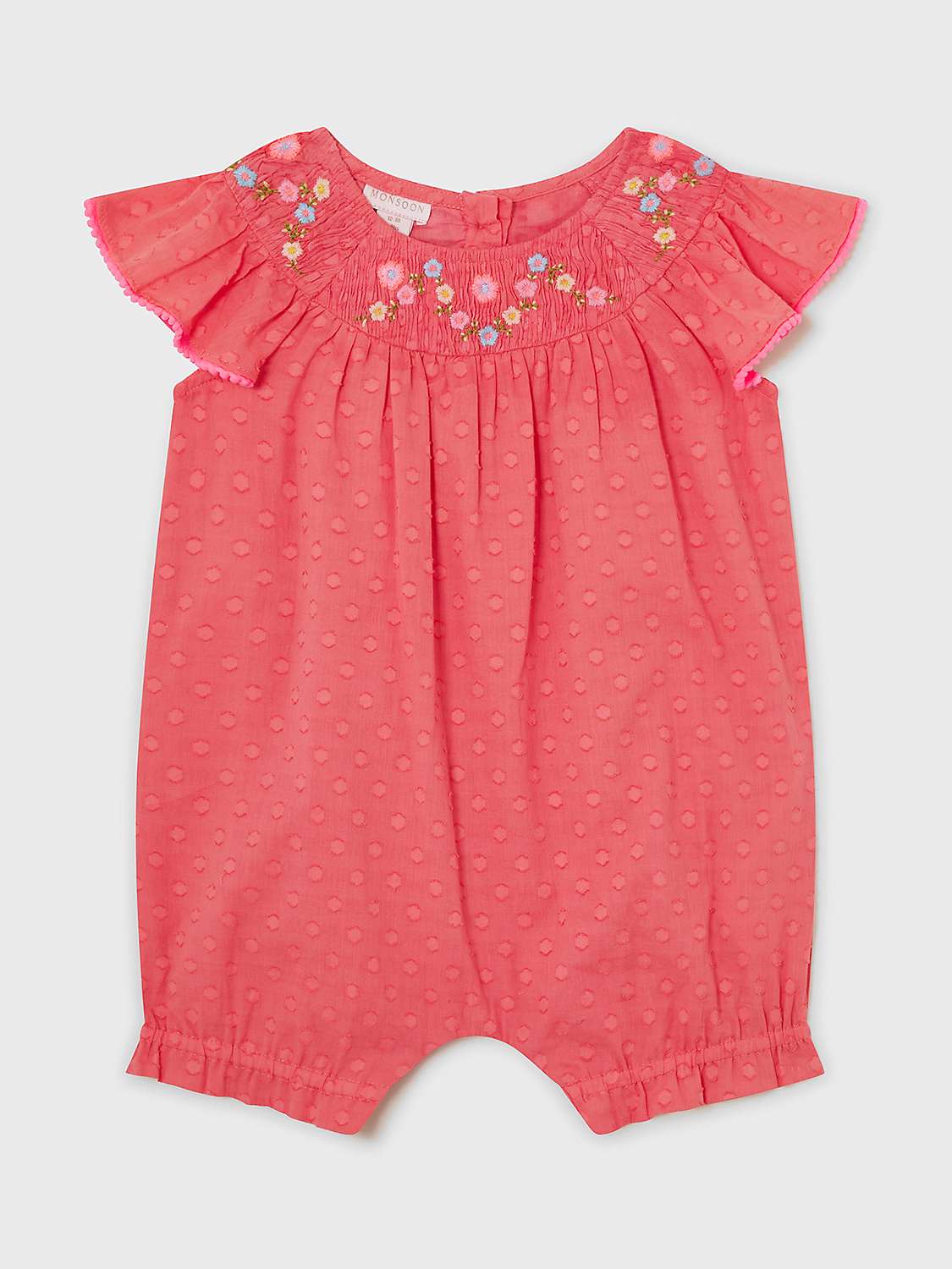 Buy Monsoon Baby Dobby Floral Embroidered Romper, Coral Online at johnlewis.com