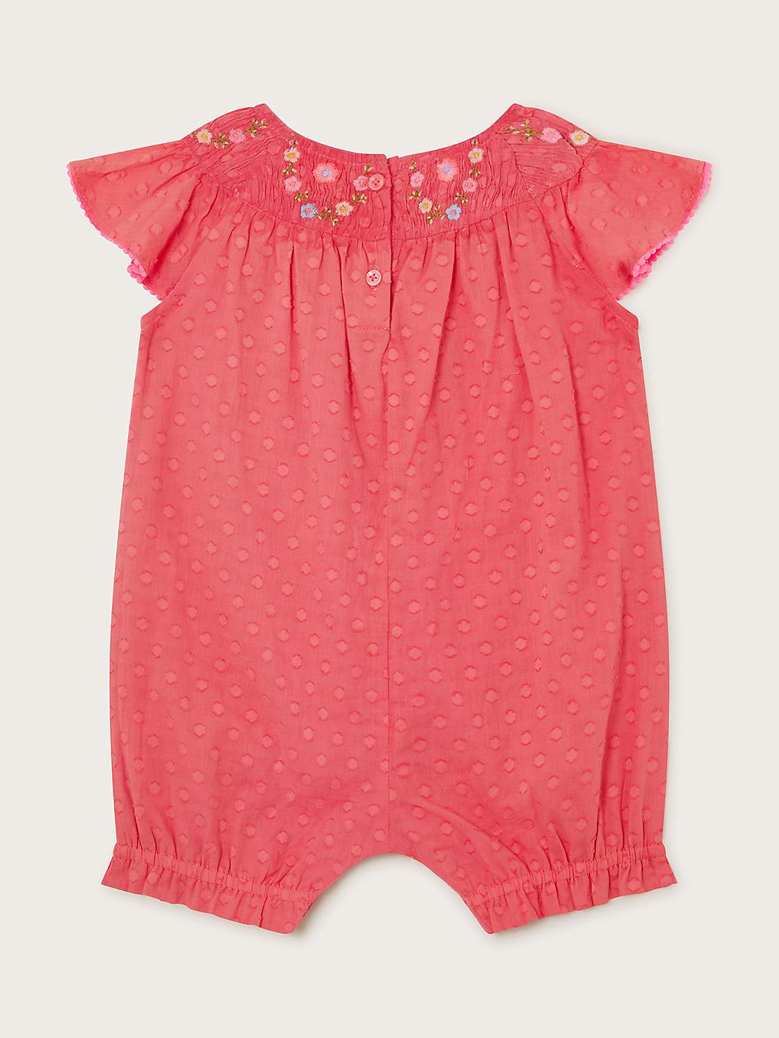 Buy Monsoon Baby Dobby Floral Embroidered Romper, Coral Online at johnlewis.com