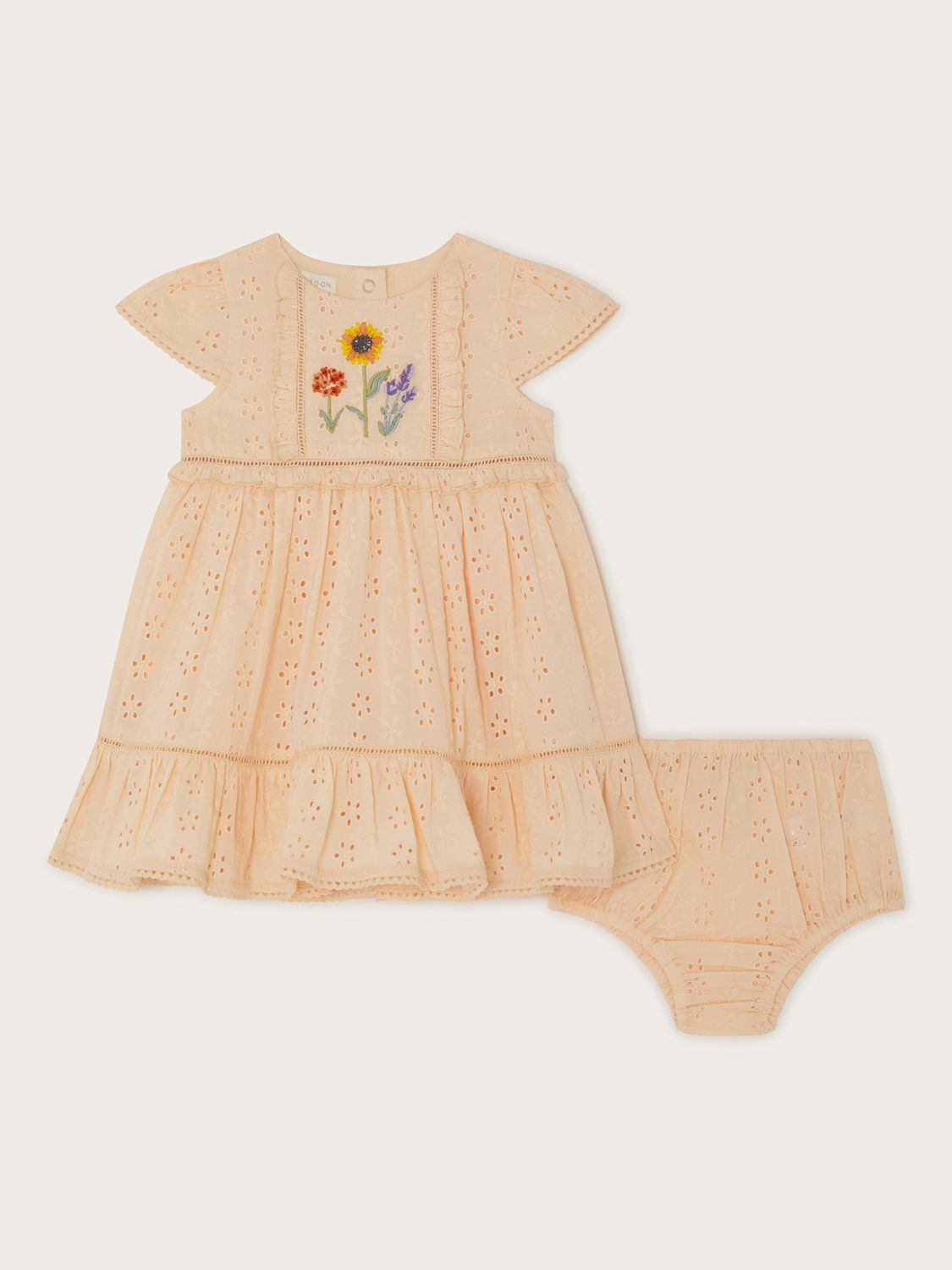 Monsoon Baby Floral Embroidered Broderie Dress & Bloomer Set, Pale Pink, 0-3 months