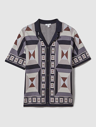 Reiss Beresford Geometric Print Knitted Shirt, Blue/Multi