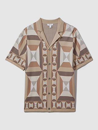 Reiss Beresford Cuban Collar Knitted Shirt, Camel/Multi