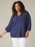 Live Unlimited Curve Dobby Ruffle Detail Neck Blouse, Navy, Navy