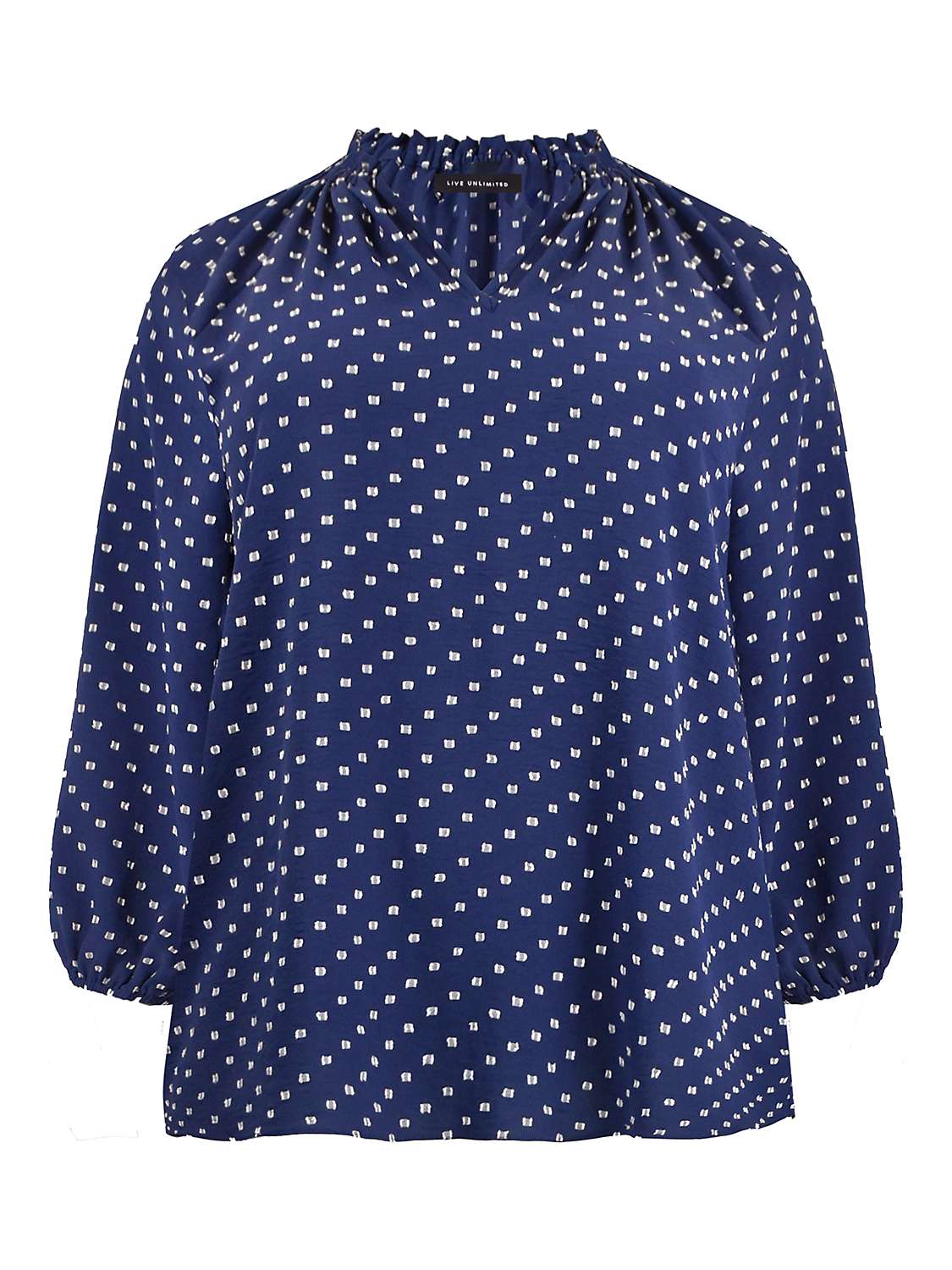 Buy Live Unlimited Curve Dobby Ruffle Detail Neck Blouse, Navy Online at johnlewis.com
