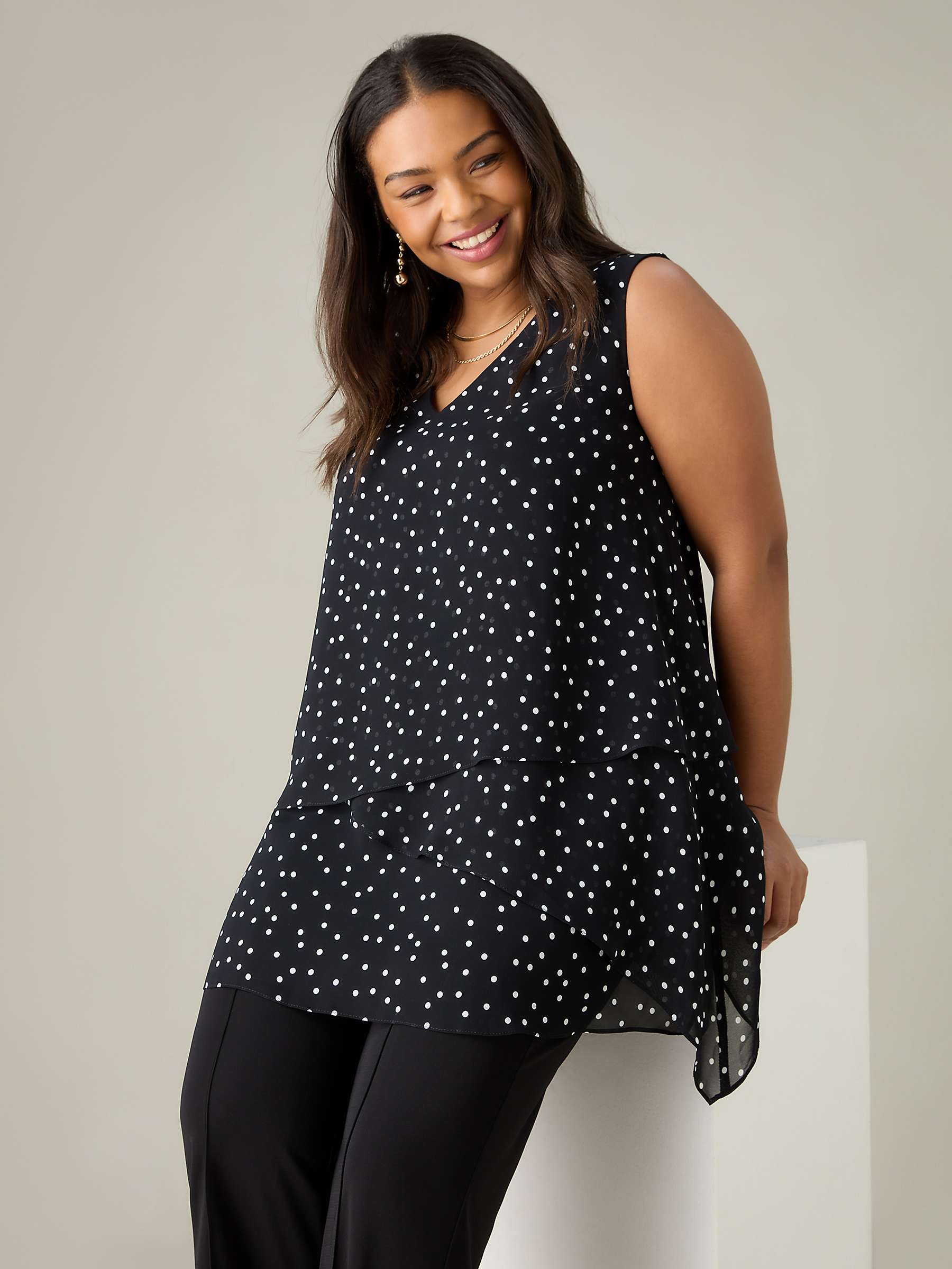 Buy Live Unlimited Petite Curve Mono Spot Print Layered Tunic Top, Black Online at johnlewis.com