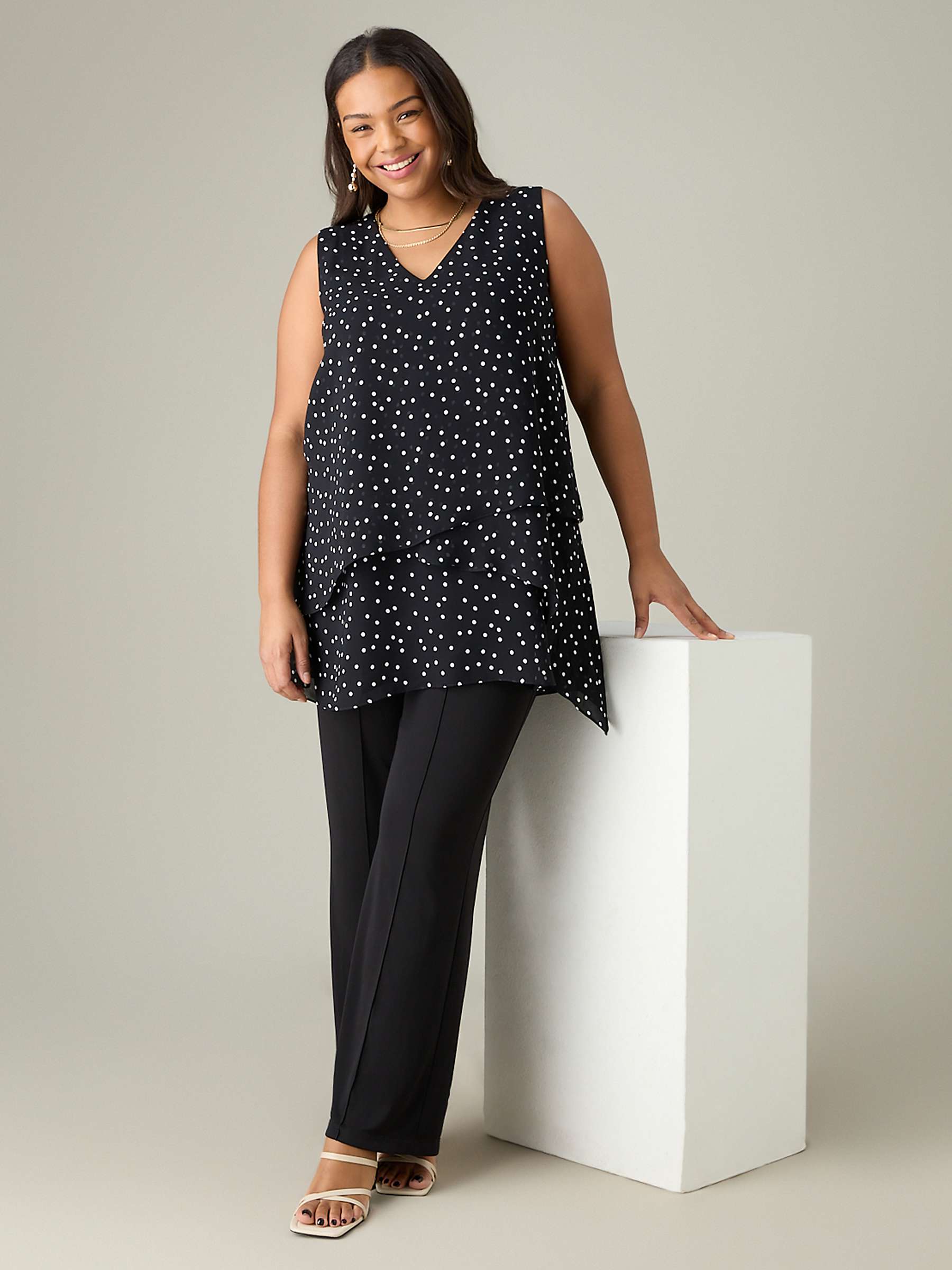 Buy Live Unlimited Petite Curve Mono Spot Print Layered Tunic Top, Black Online at johnlewis.com