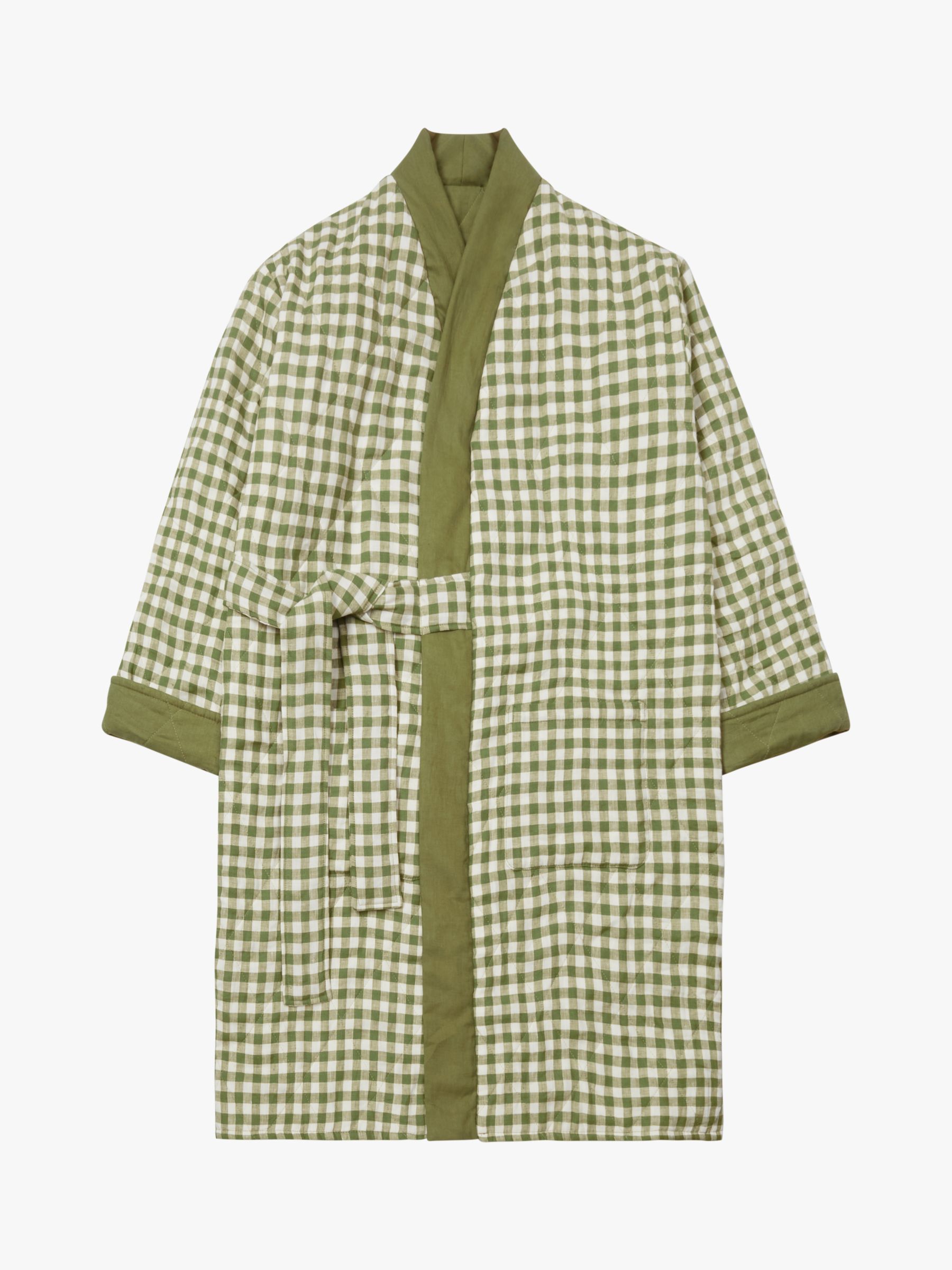 Piglet in Bed Reversible Gingham Linen Housecoat Dressing Gown, Botanical, S-M