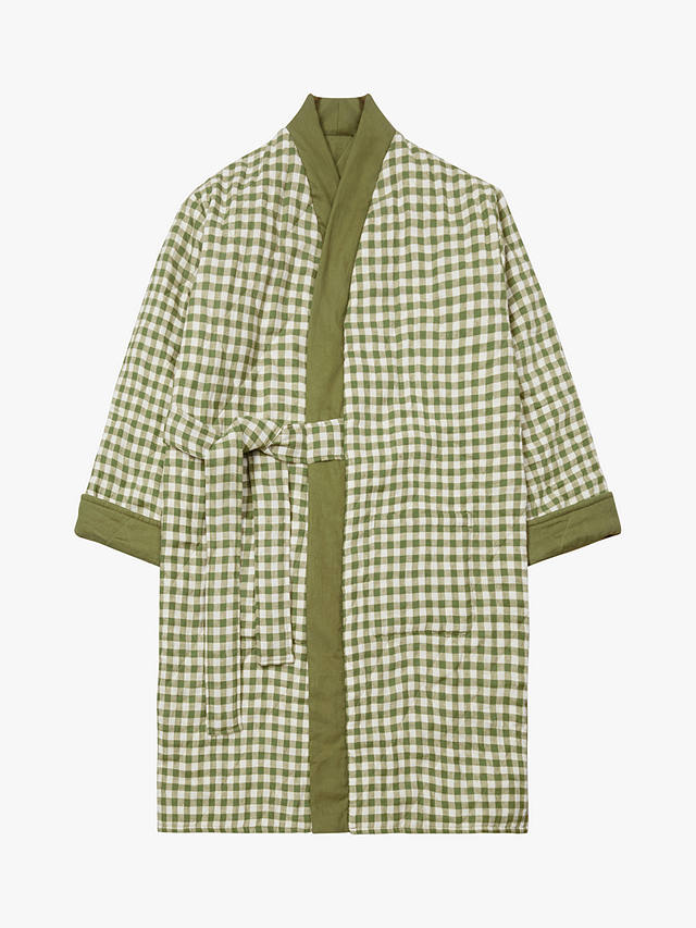 Piglet in Bed Reversible Gingham Linen Housecoat Dressing Gown, Botanical
