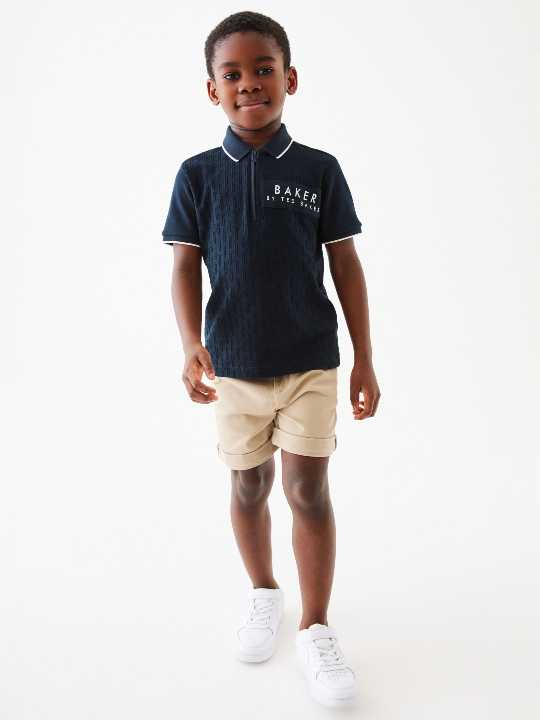 Ted Baker Kids' Logo Textured Zip Polo Shirt, Navy, 12-18 months