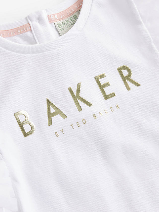 Ted Baker Kids' Logo Organza Frill Sleeve T-Shirt, White