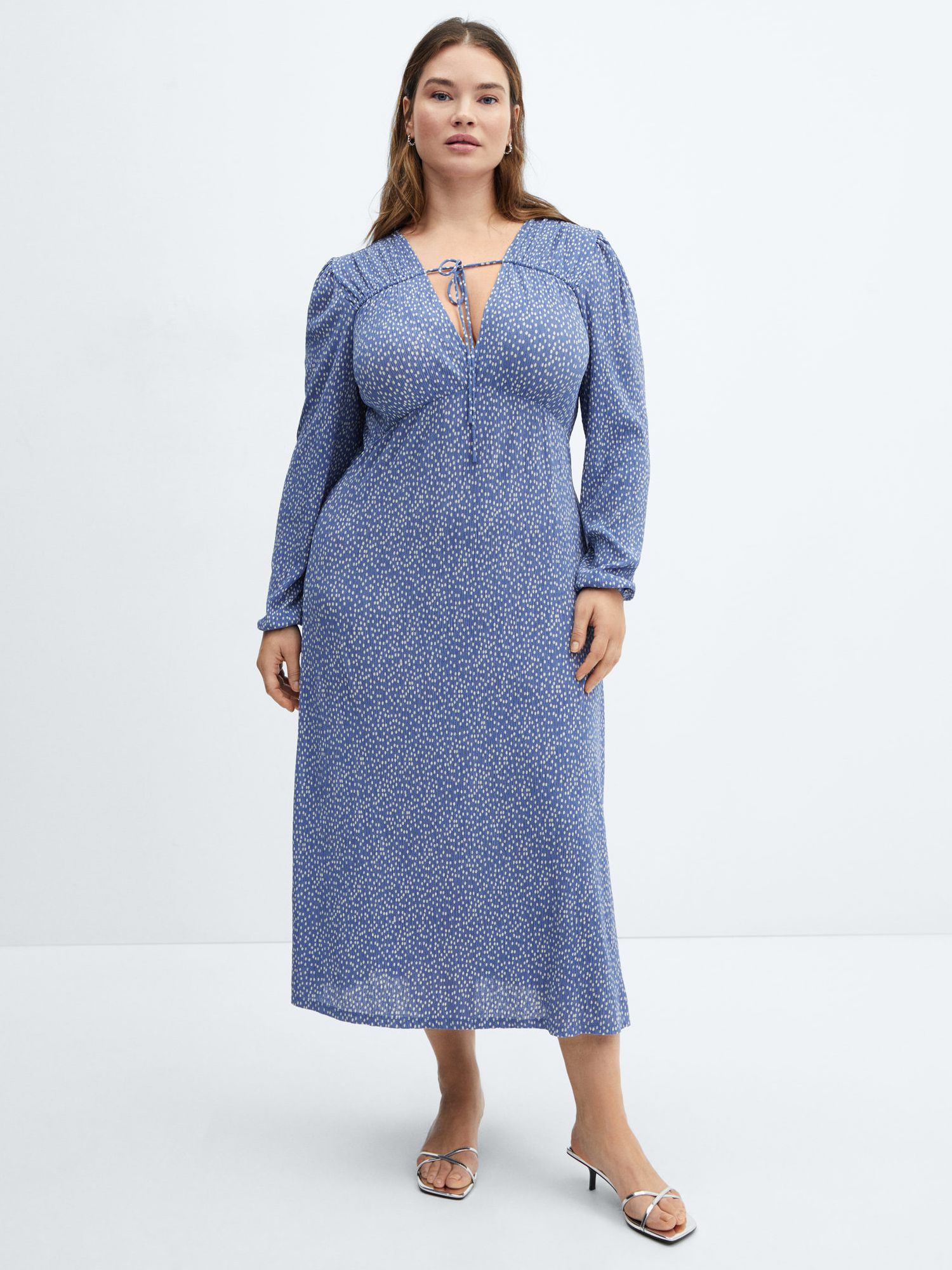 Mango Pomelo Tie Neck Spot Print Midi Dress, Medium Blue, 12