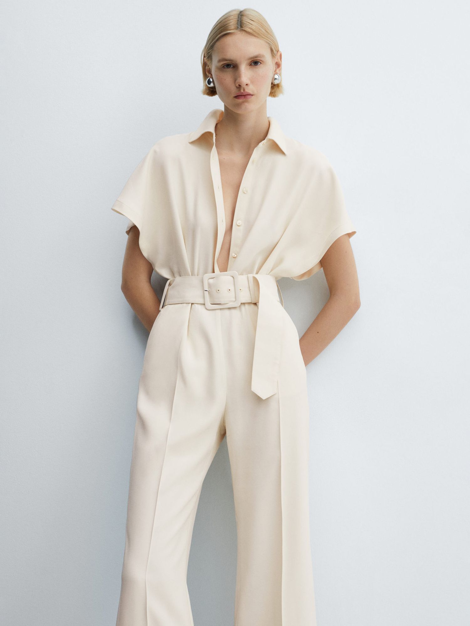 Mango Nantes Belt Long Jumpsuit, Light Beige