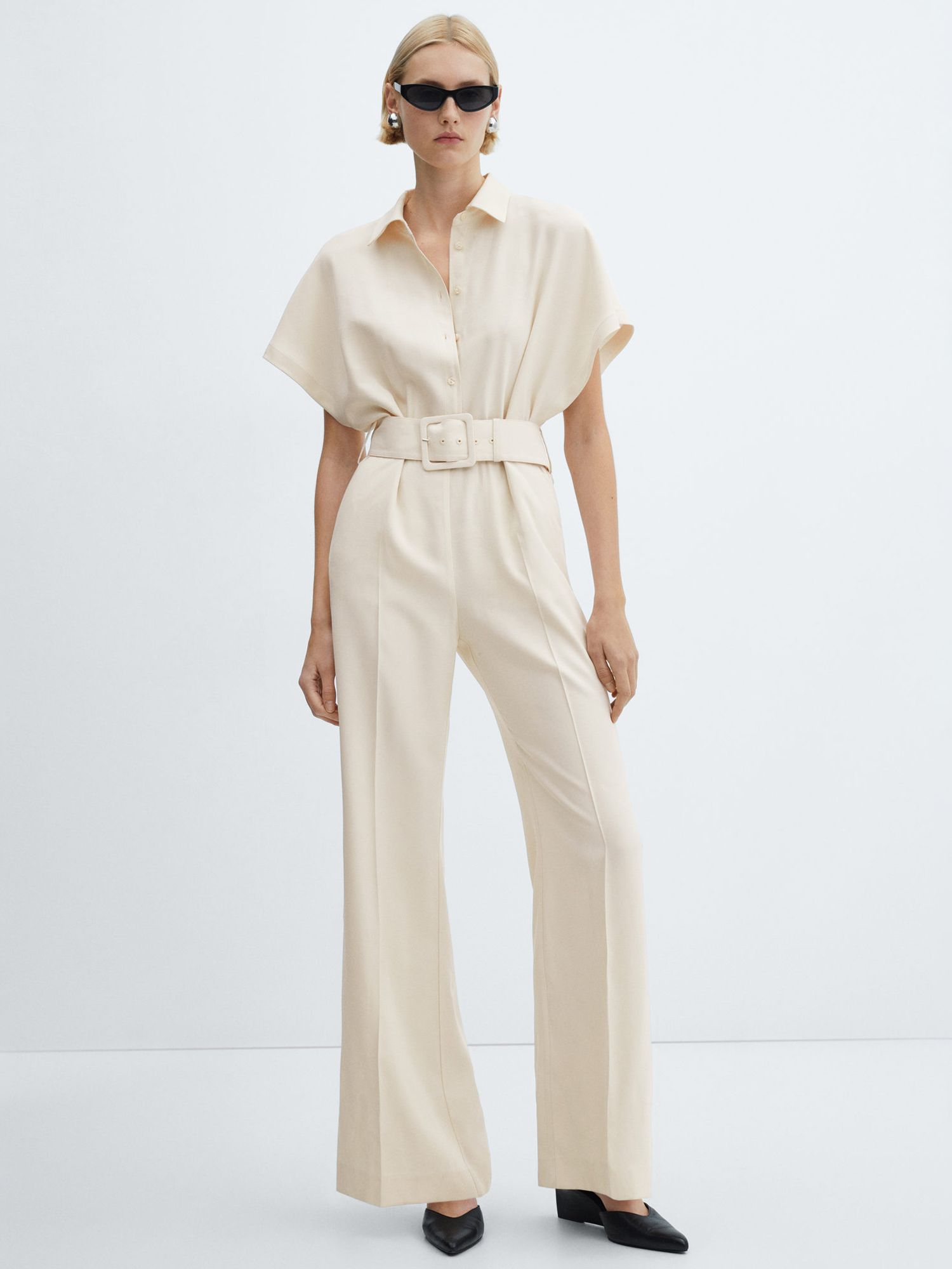 Mango Nantes Belt Long Jumpsuit, Light Beige