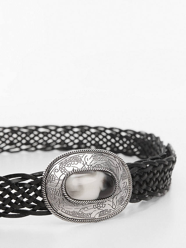 Mango Tropez Engraved Buckle Leather Belt, Black