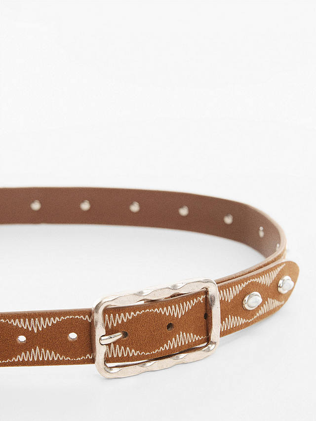 Mango Opal Embroidered Leather Belt, Brown