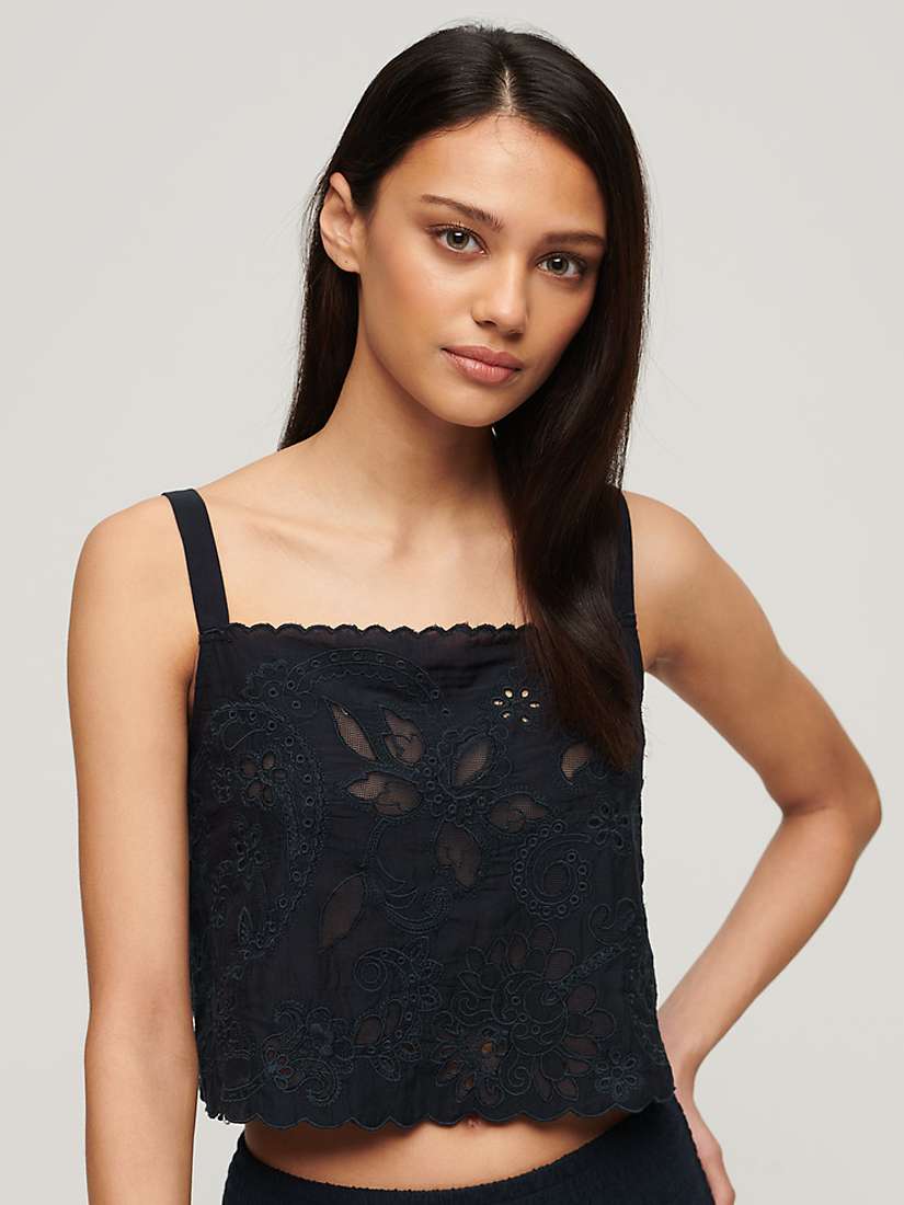 Buy Superdry Ibiza Embroidered Cami Top, Eclipse Navy Online at johnlewis.com