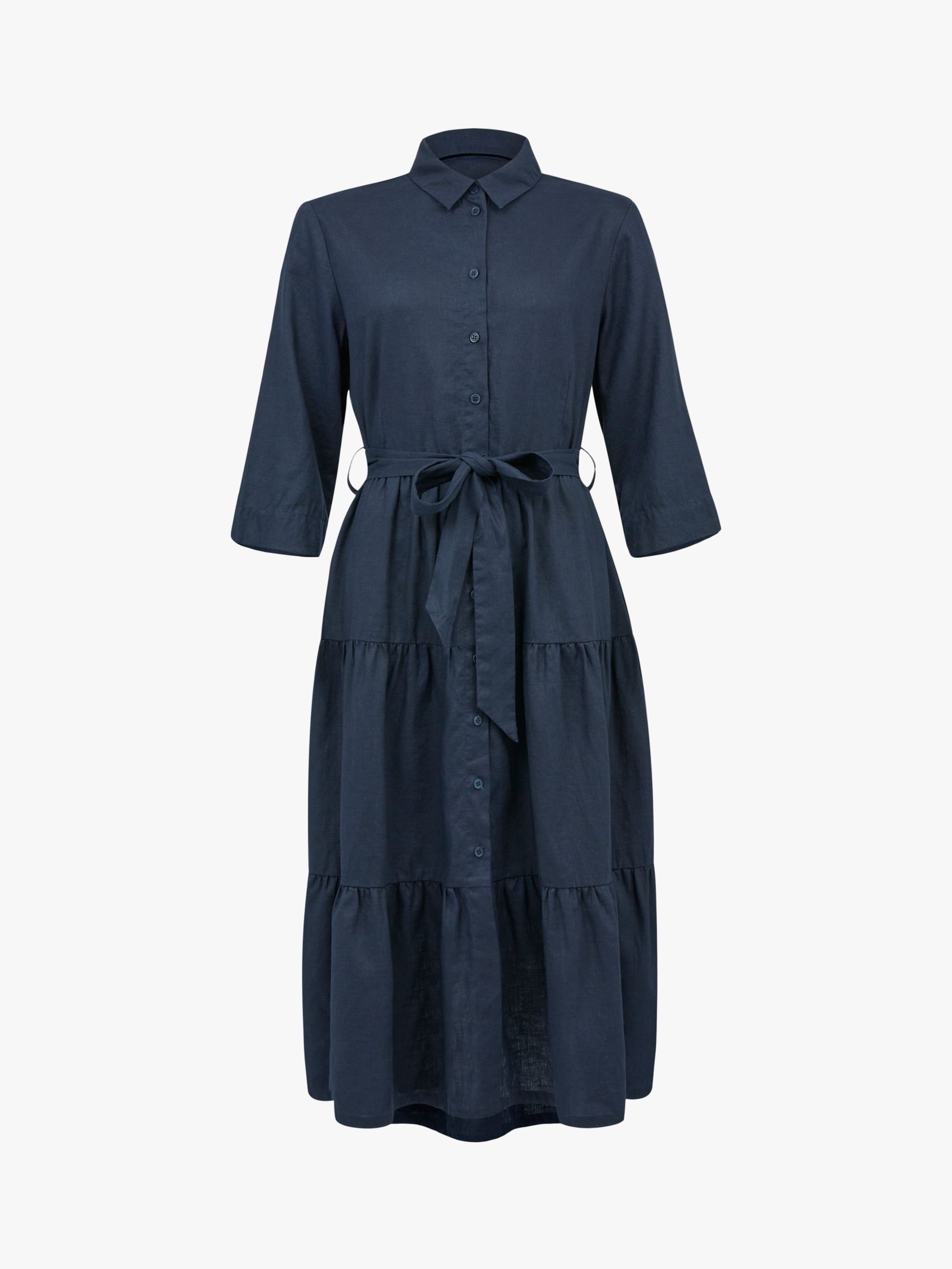 Celtic & Co. Linen Tiered Midi Shirt Dress, Navy, 8