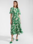 Hobbs Bronwyn Floral Print Silk Midi Dress, Green/Multi