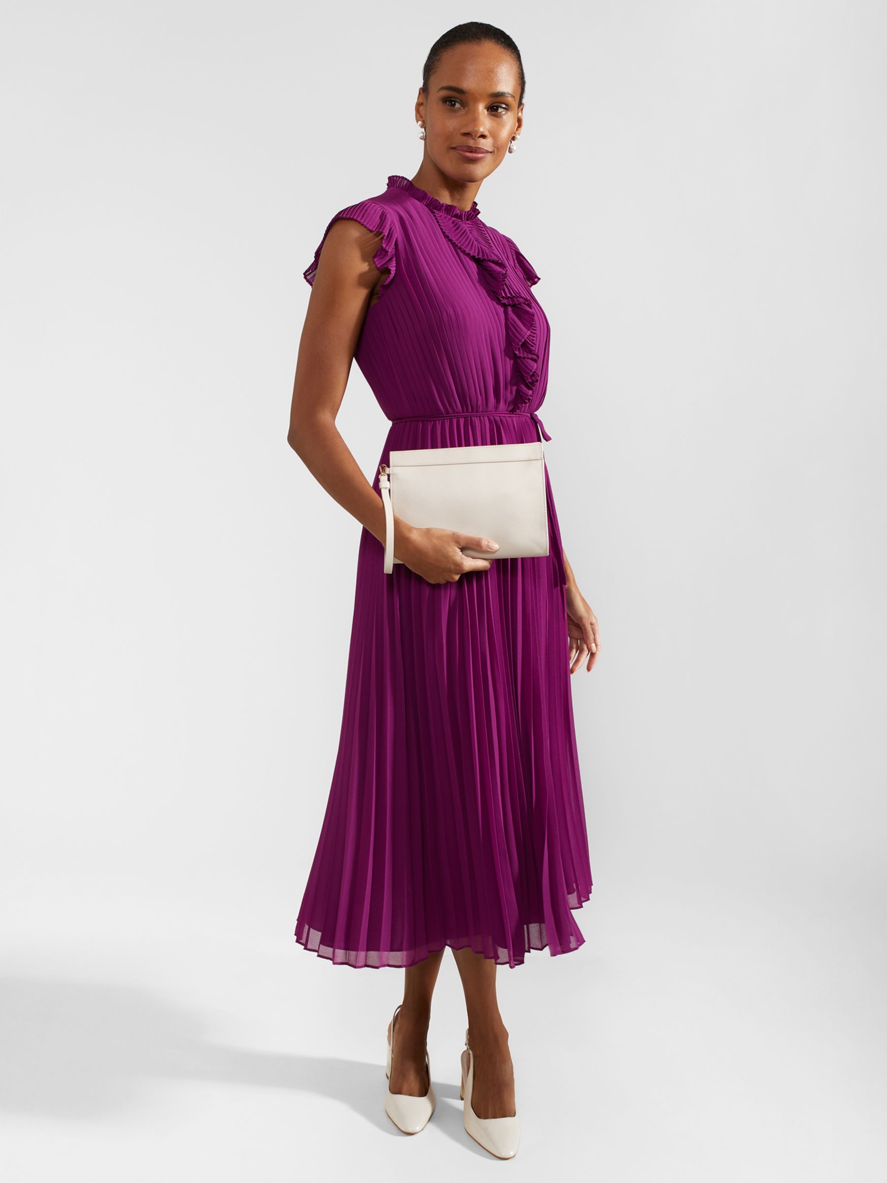 Hobbs Addison Pleated Midi Dress, Magenta Purple, 12