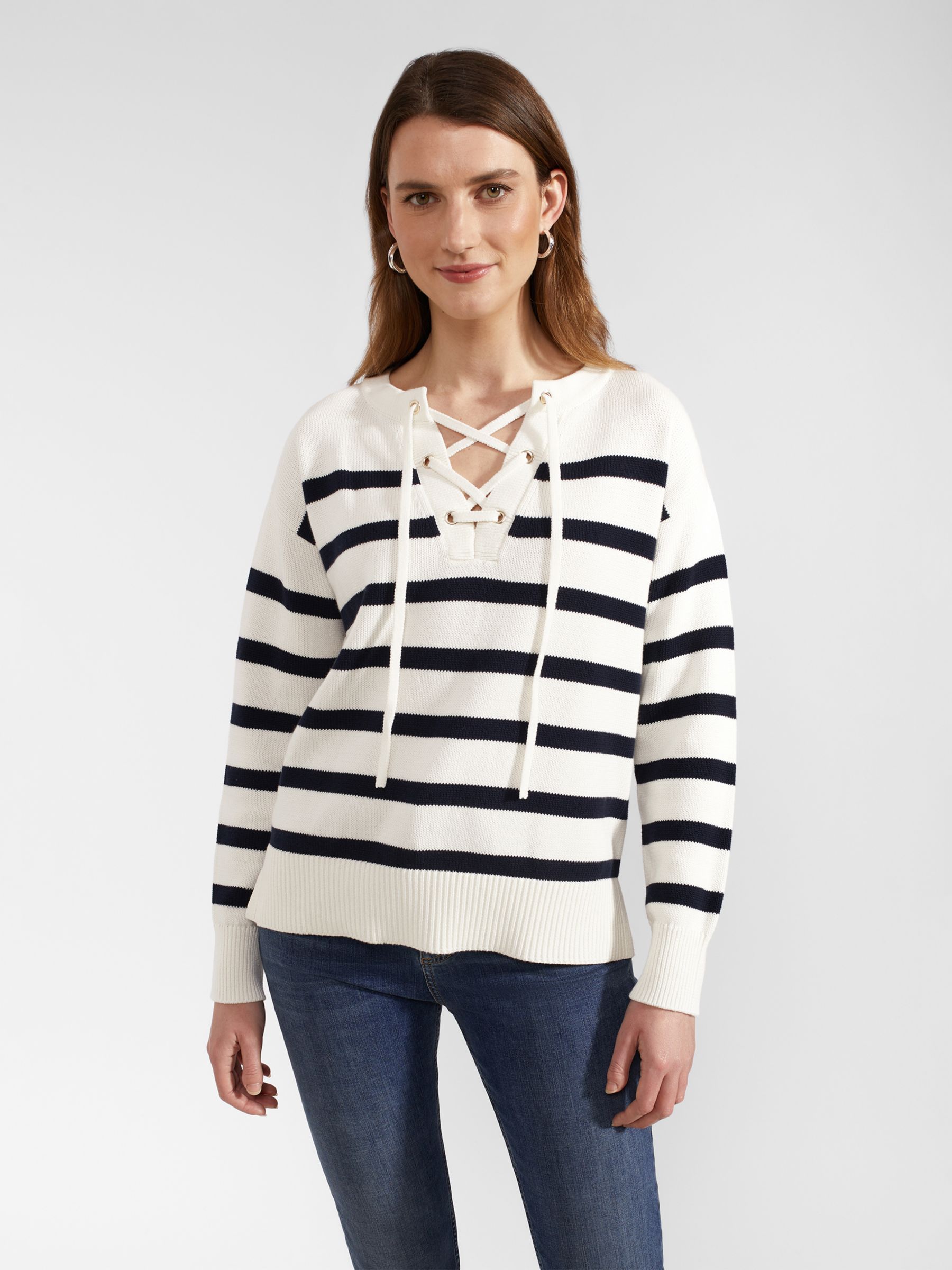 Hobbs Danica Striped Cotton Lace-Up Neck Jumper, Ivory/Navy, L