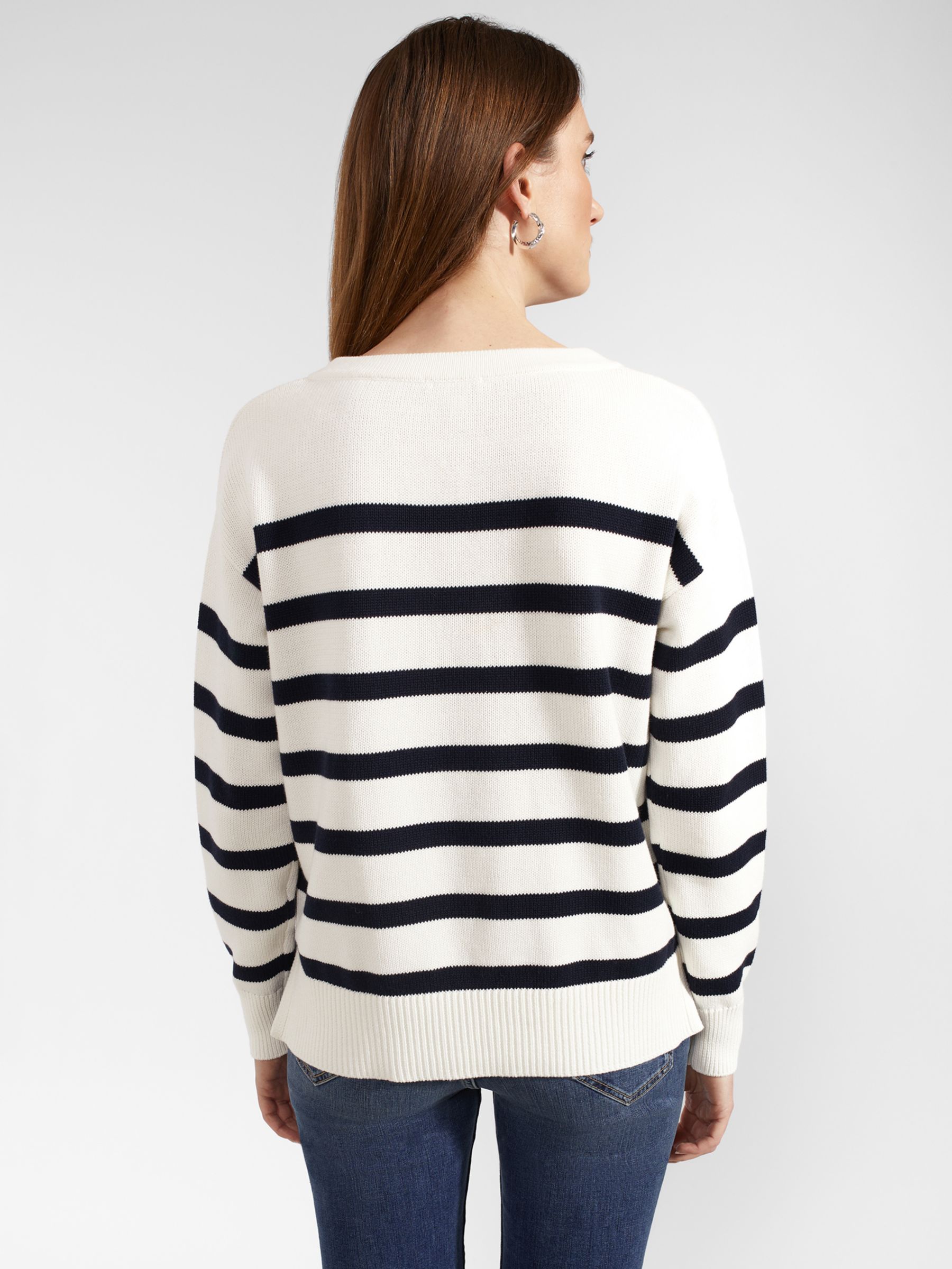 Hobbs Danica Striped Cotton Lace-Up Neck Jumper, Ivory/Navy, L