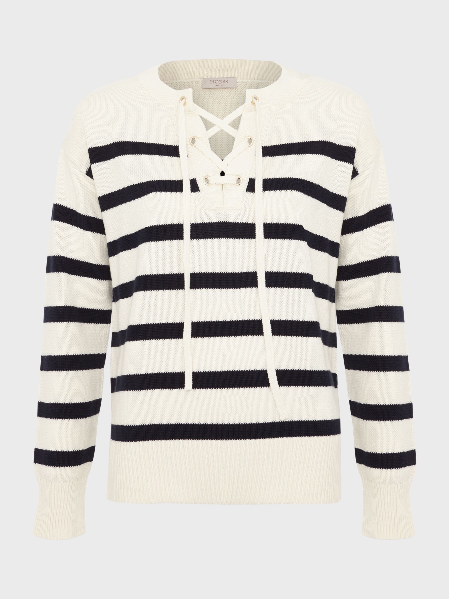 Hobbs Danica Striped Cotton Lace-Up Neck Jumper, Ivory/Navy, L