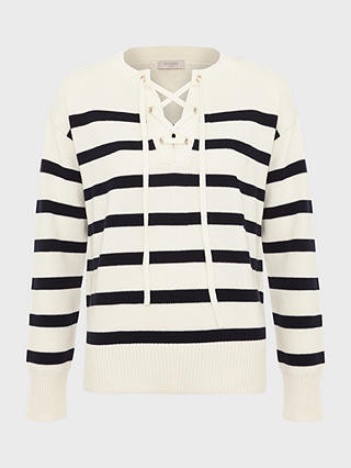 Hobbs Danica Striped Cotton Lace-Up Neck Jumper, Ivory/Navy
