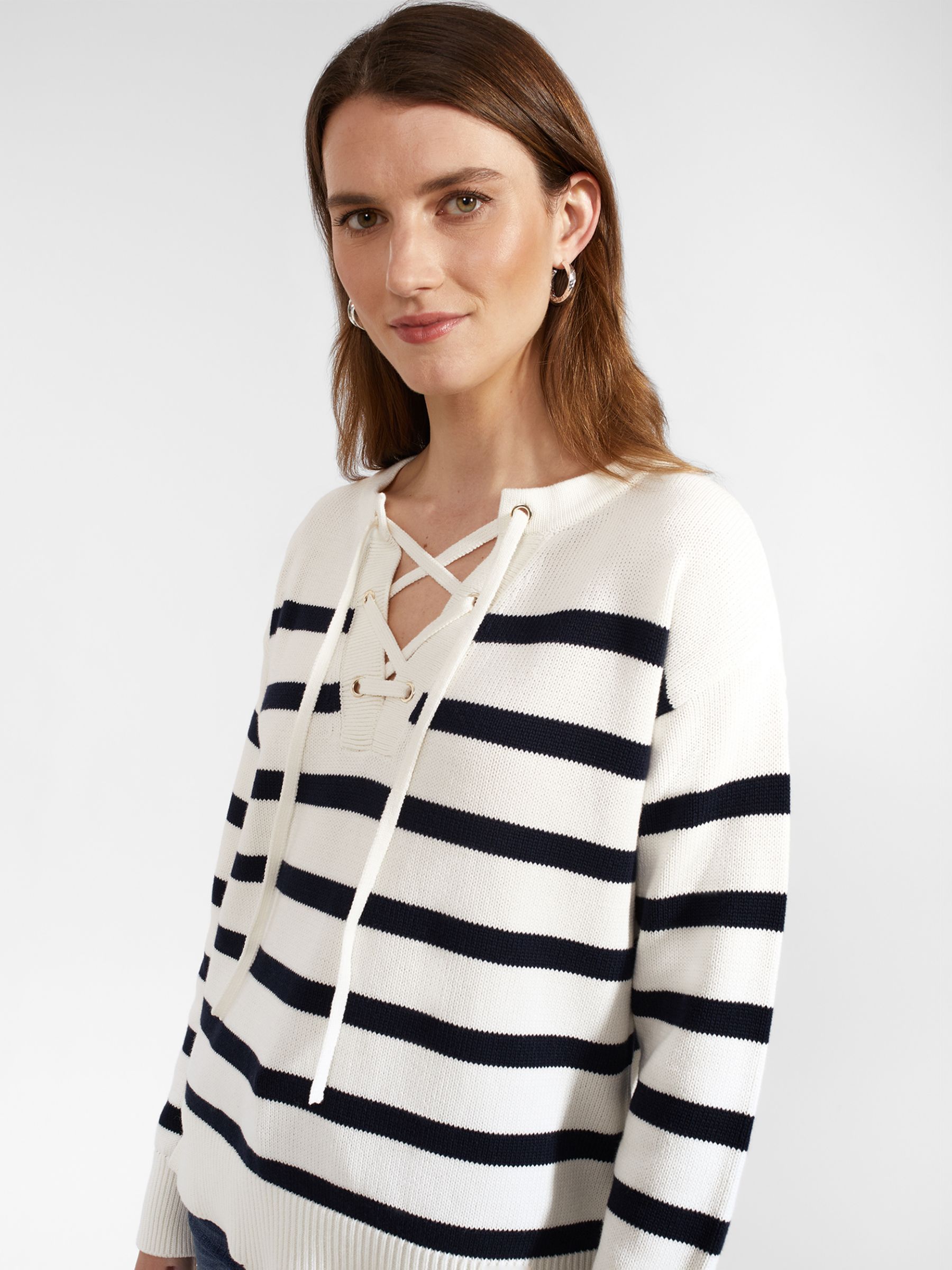 Hobbs Danica Striped Cotton Lace-Up Neck Jumper, Ivory/Navy, L