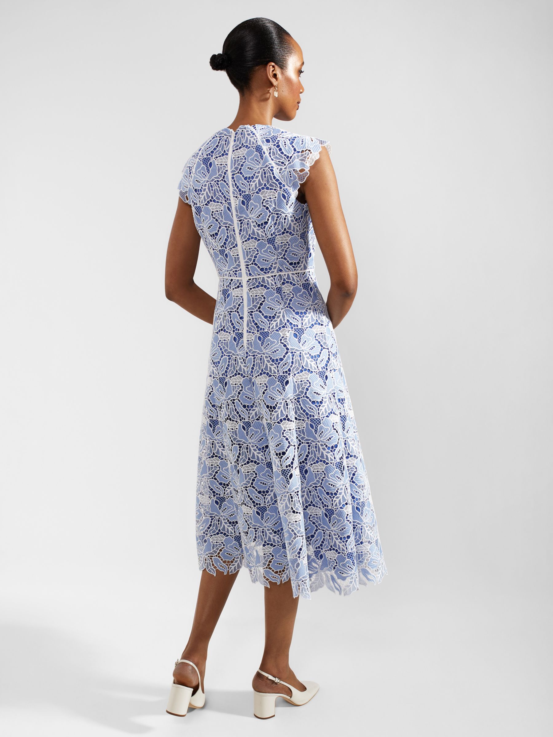 Hobbs Phoebe Cutwork Floral Lace Midi Dress, Blue/Ivory, 10