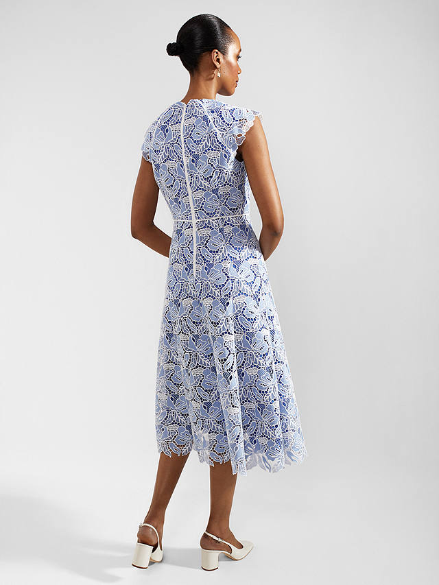 Hobbs Phoebe Cutwork Floral Lace Midi Dress, Blue/Ivory