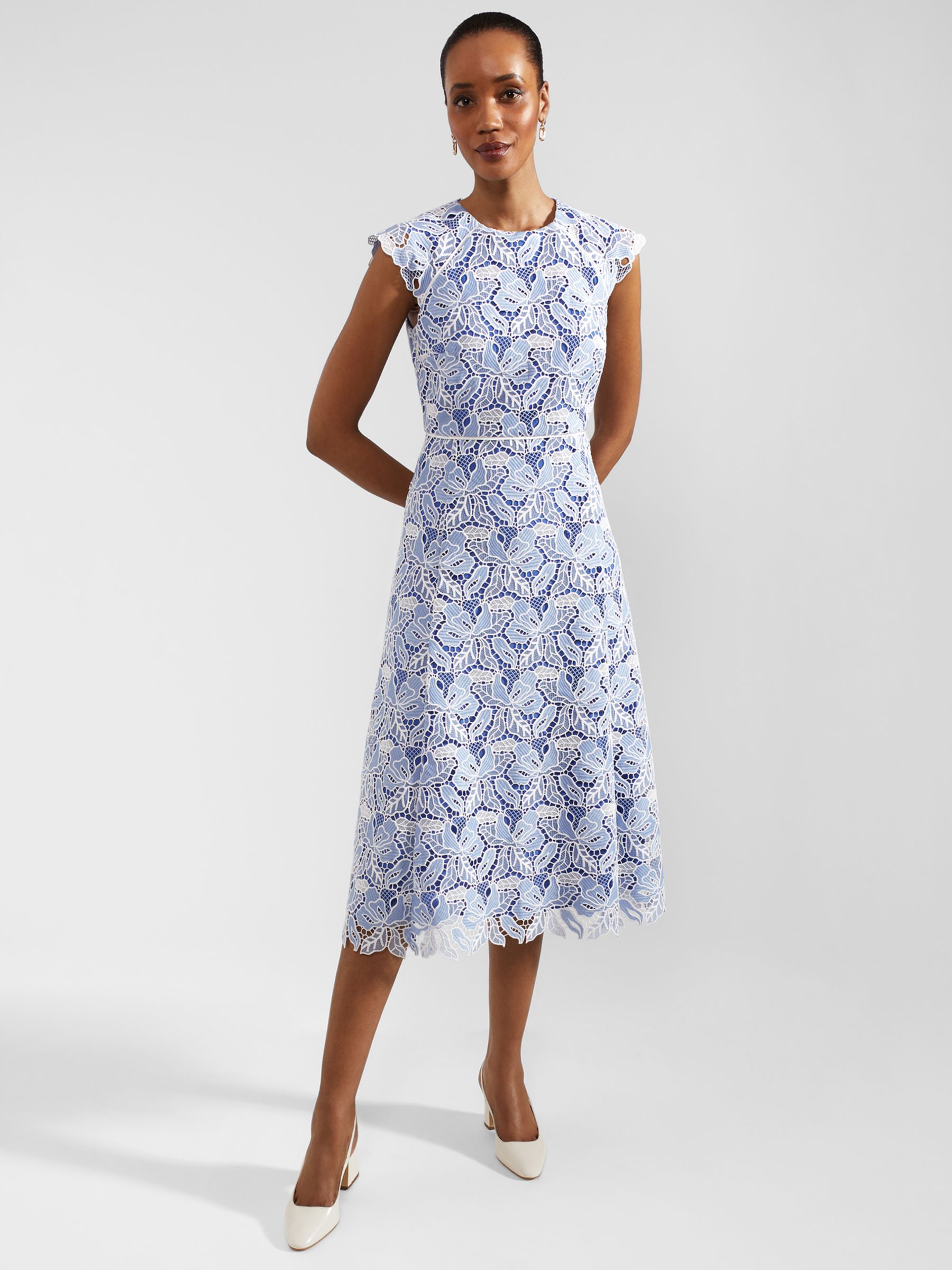 Hobbs Phoebe Cutwork Floral Lace Midi Dress, Blue/Ivory, 10