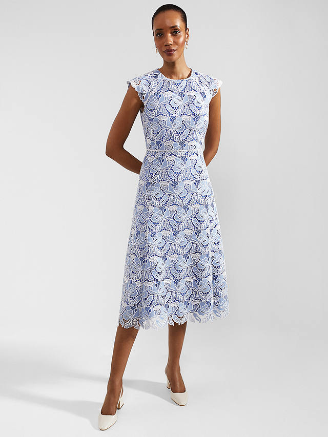 Hobbs Phoebe Cutwork Floral Lace Midi Dress, Blue/Ivory