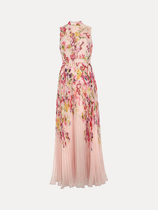 Phase Eight Dahlia Floral Print Pleated Maxi Dress, Pink/Multi
