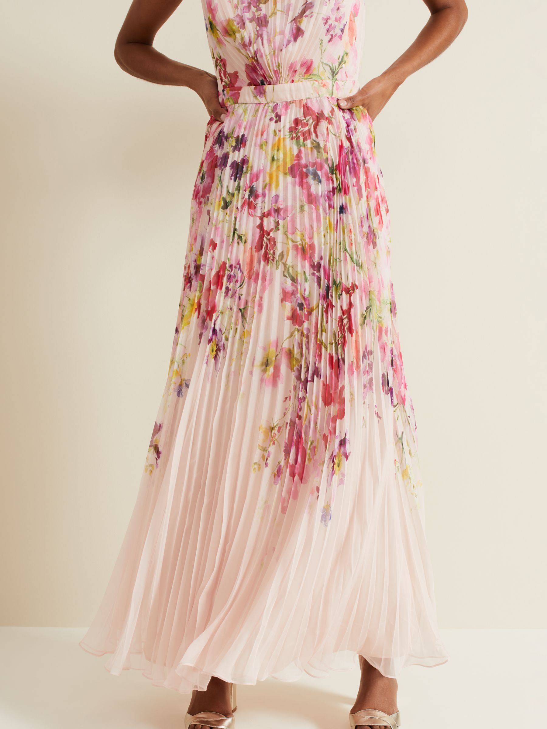 Buy Phase Eight Dahlia Floral Print Pleated Maxi Dress, Pink/Multi Online at johnlewis.com
