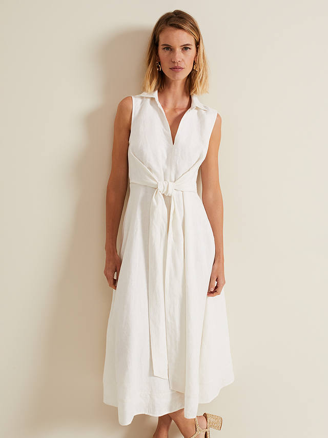 Phase Eight Becky Midi Linen Blend Dress, White