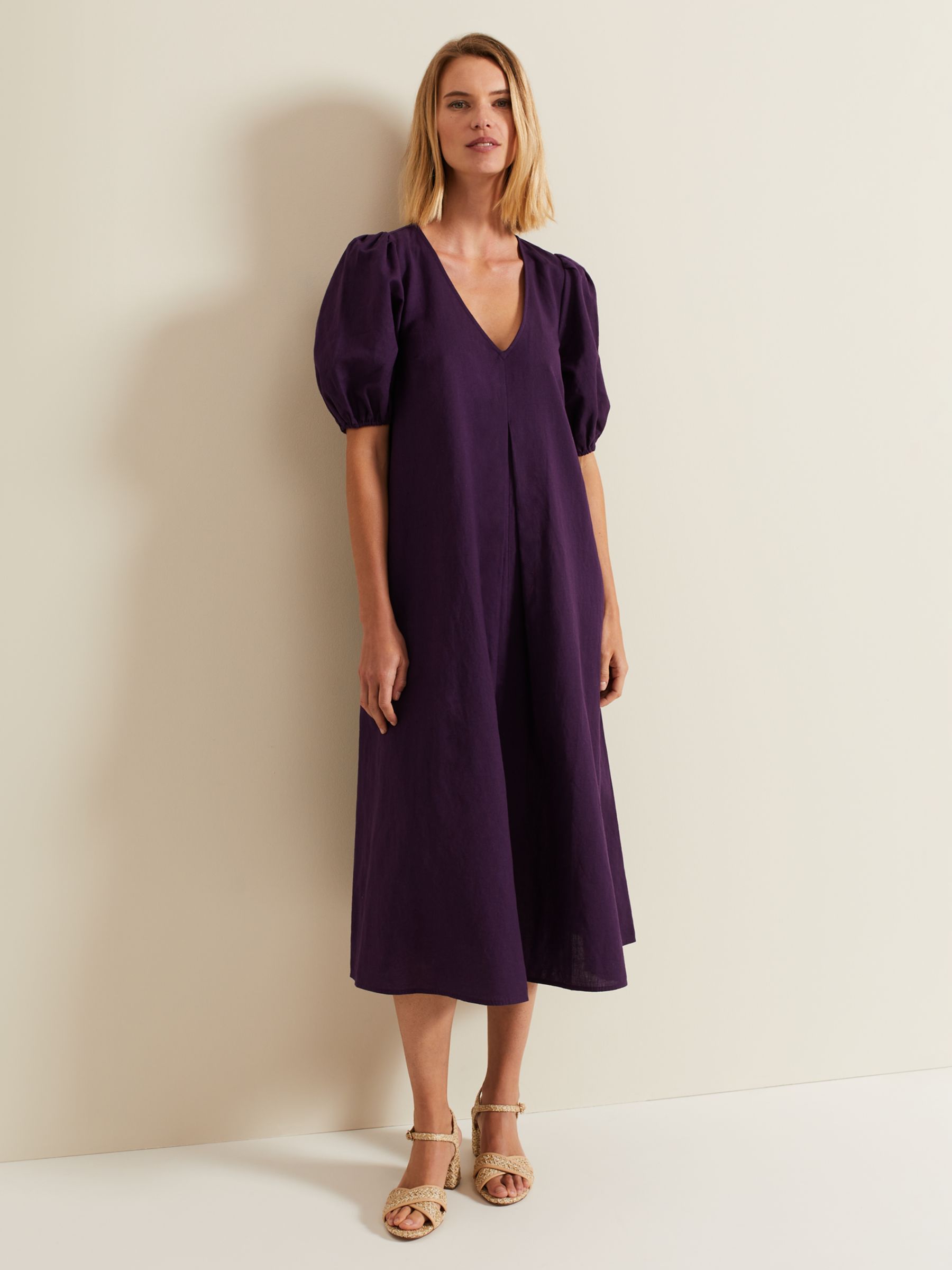 Phase Eight Lotty Puff Sleeve Midi Dress, Purple, 16