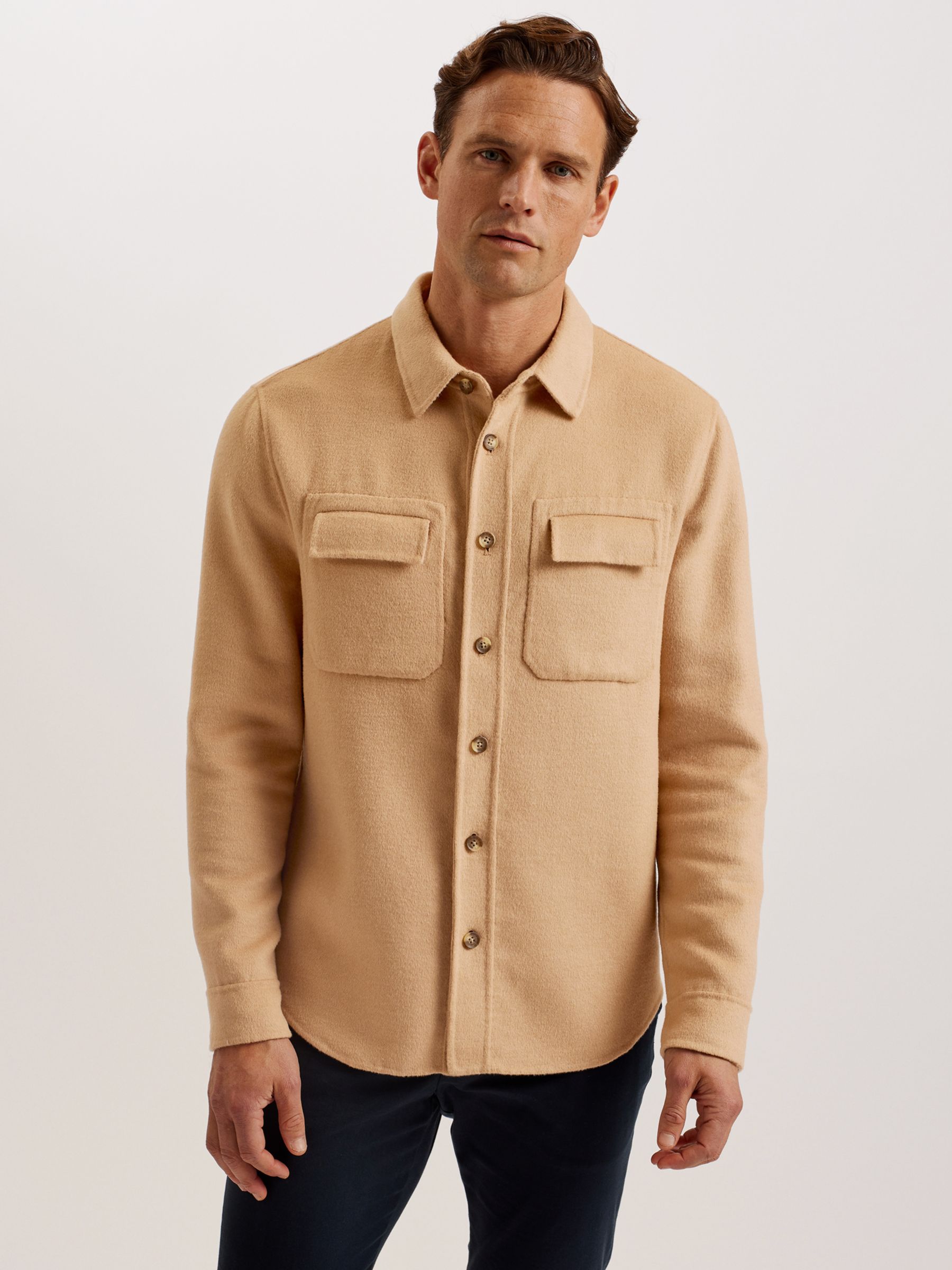 Ted Baker Dalch Long Sleeve Splittable Wool Blend Shirt, Tan, XXXL