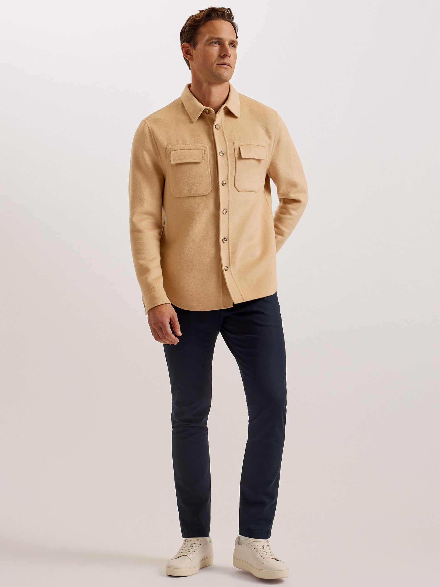 Ted Baker Dalch Long Sleeve Splittable Wool Blend Shirt, Tan, XXXL