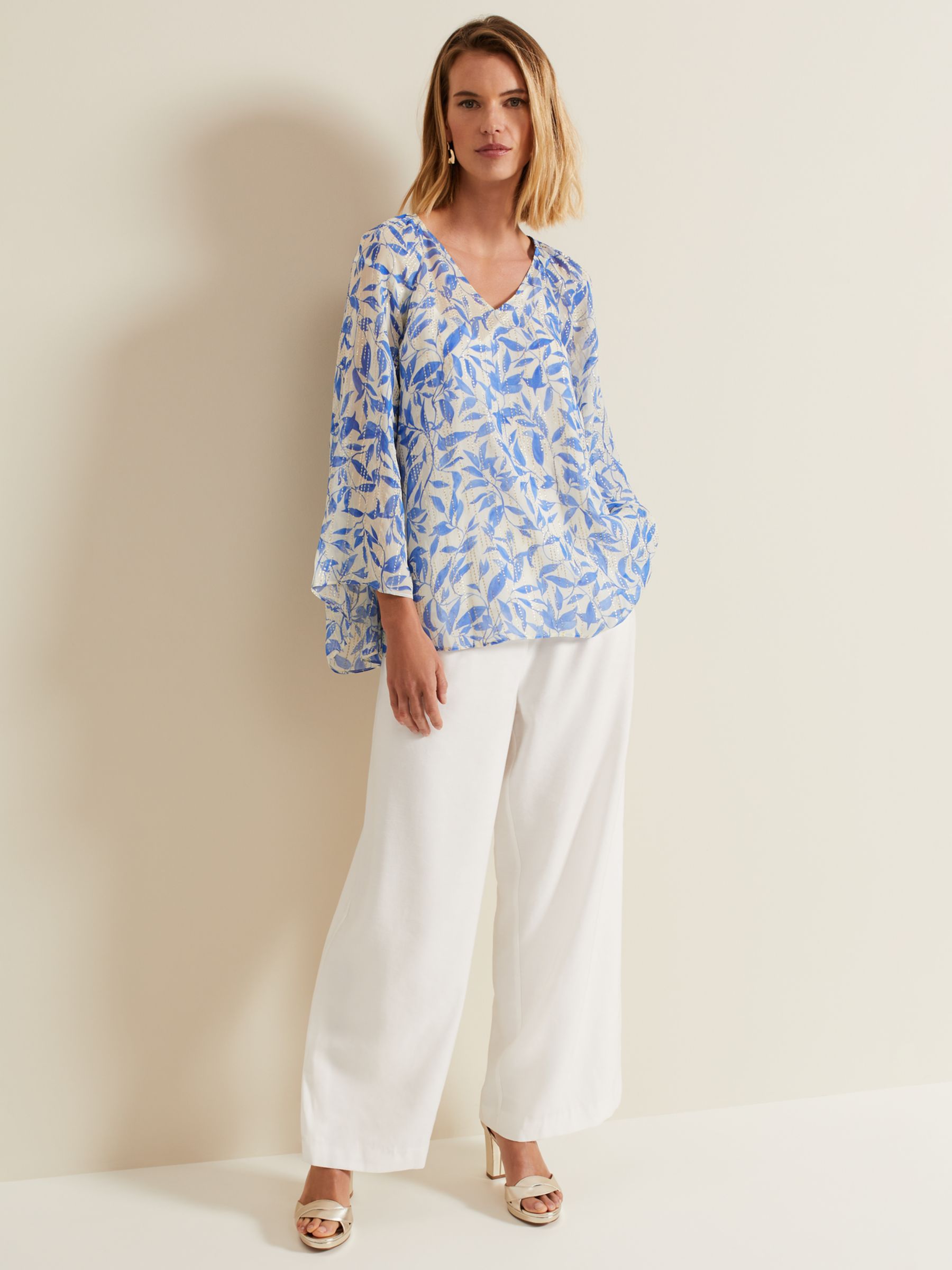 Buy Phase Eight Simi Leaf Print Flared Sleeve Sheer Blouse, Blue/White Online at johnlewis.com