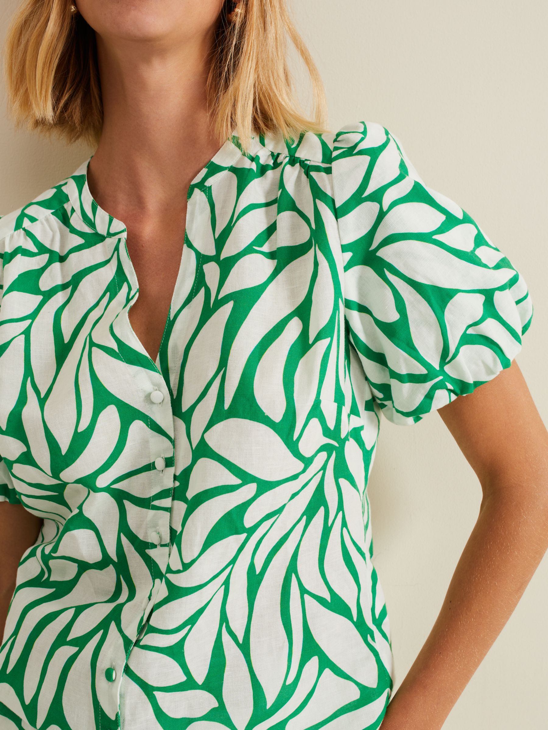 Phase Eight Louanna Abstract Print Linen Blend Shirt, Green/Ivory, 8