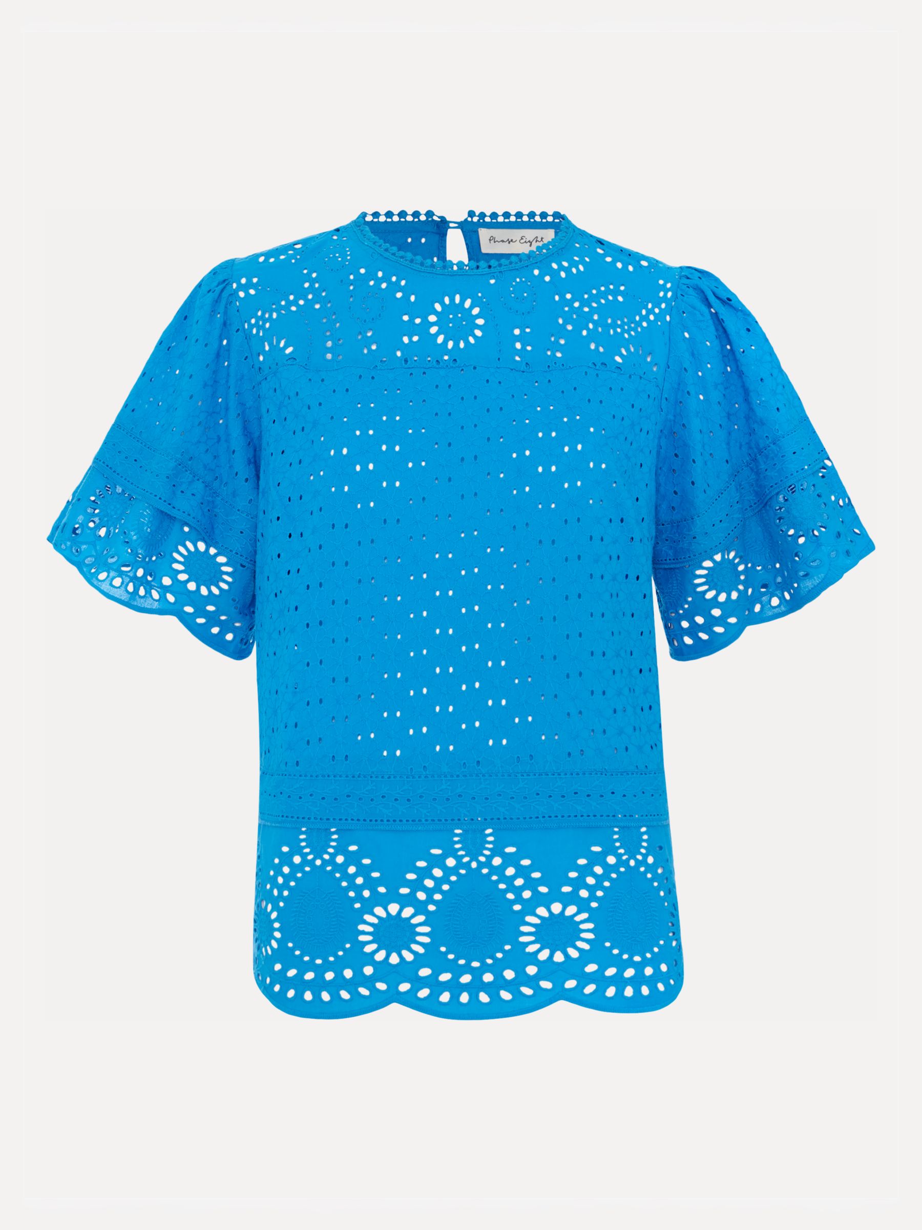 Phase Eight Sage Broderie Anglaise Cotton Top, Bright Blue, 8
