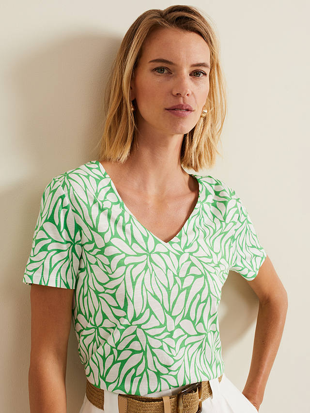 Phase Eight Alice Abstract Print V Neck Cotton Top, Green