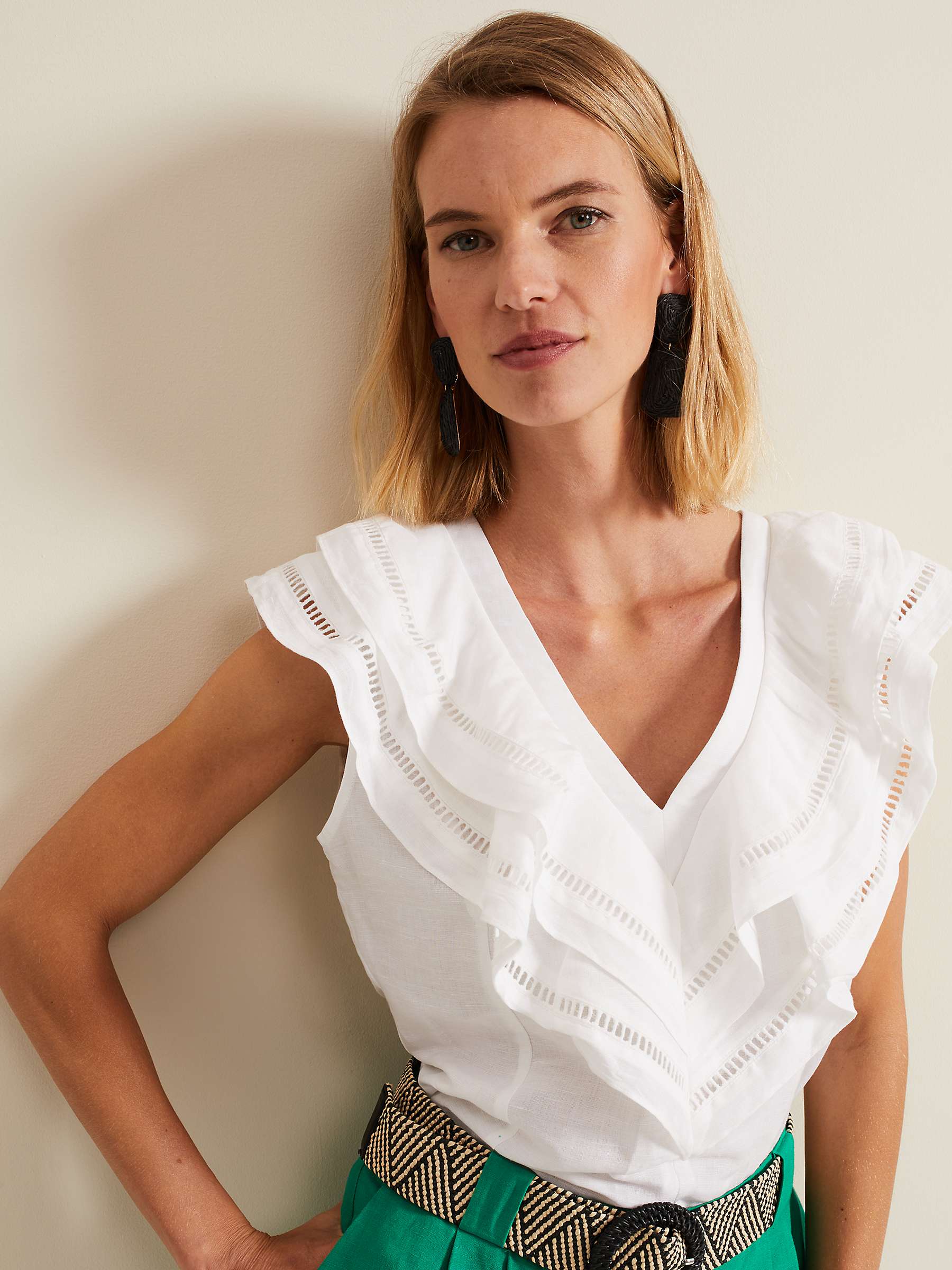 Buy Phase Eight Rosey Embroidered Frill Neck Linen Blend Blouse, White Online at johnlewis.com