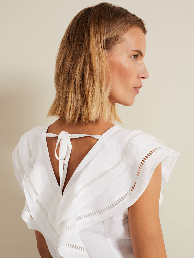 Phase Eight Rosey Embroidered Frill Neck Linen Blend Blouse, White