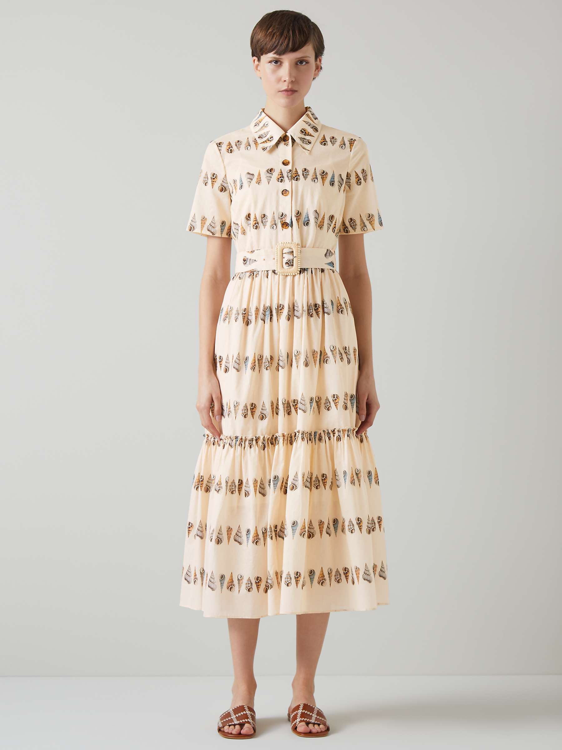 Buy L.K.Bennett Bella Shell Print Tiered Midi Shirt Dress, Ecru/Multi Online at johnlewis.com