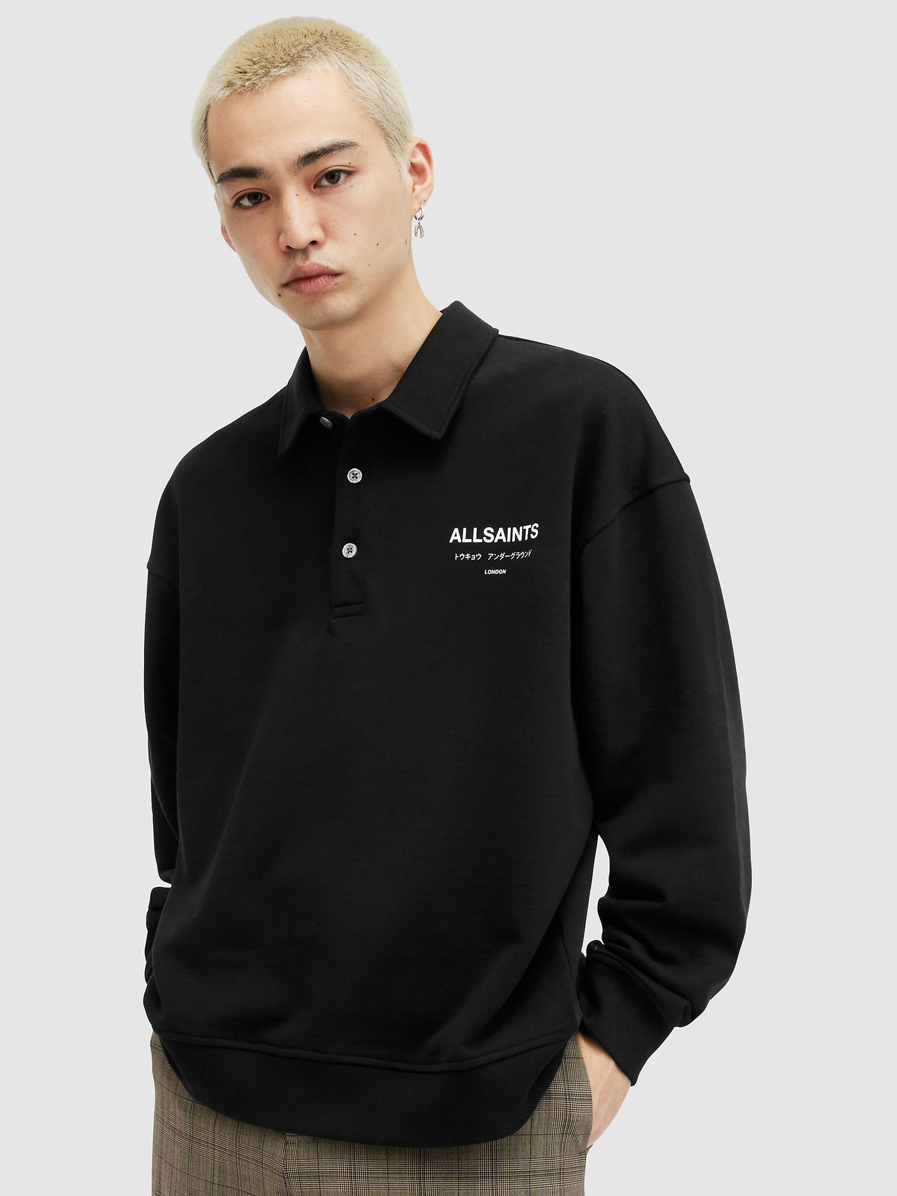 Buy AllSaints Underground Organic Cotton Long Sleeve Polo Shirt, Black Online at johnlewis.com