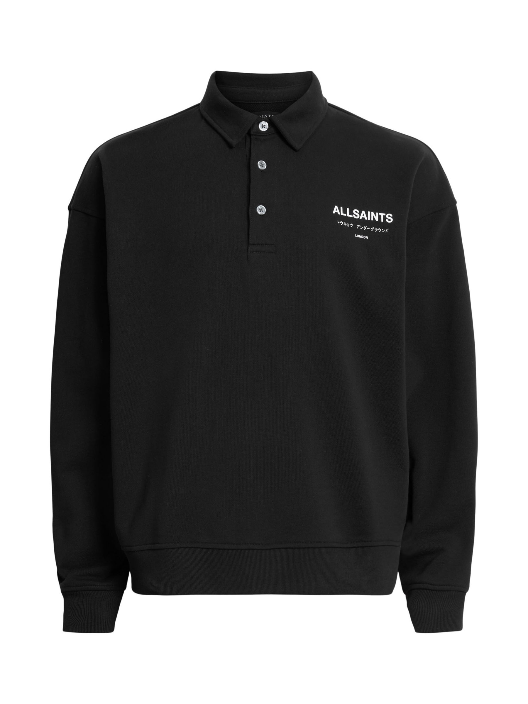 AllSaints Underground Organic Cotton Long Sleeve Polo Shirt, Black, L